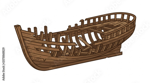 Old wooden shipwreck hull skeleton isolated on white background.