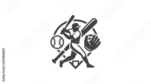 Baseball Player Silhouette with Equipment Emblem.