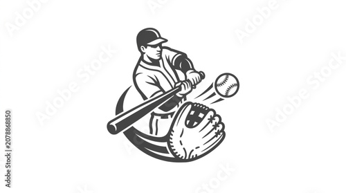 Baseball player swinging bat at ball with glove illustration.