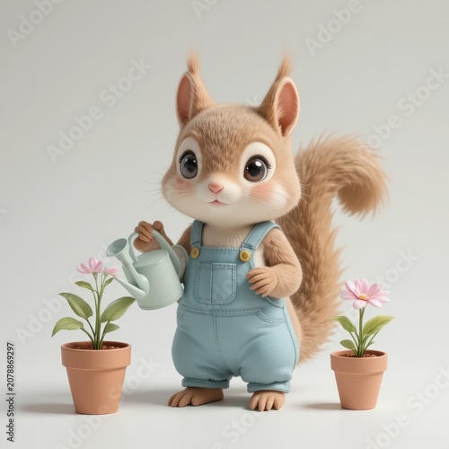 Cute squirrel watering flowers in a sunny garden setting
