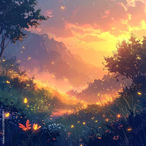 A serene mountain landscape with vibrant sunset and fireflies