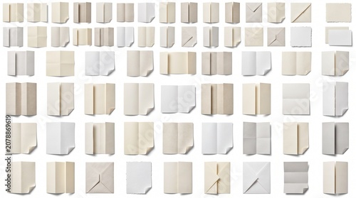 Versatile collection of 48 blank paper sheets, various folded and unfolded designs, isolated on white. Essential graphic resource for mockups, presentations, and creative projects.