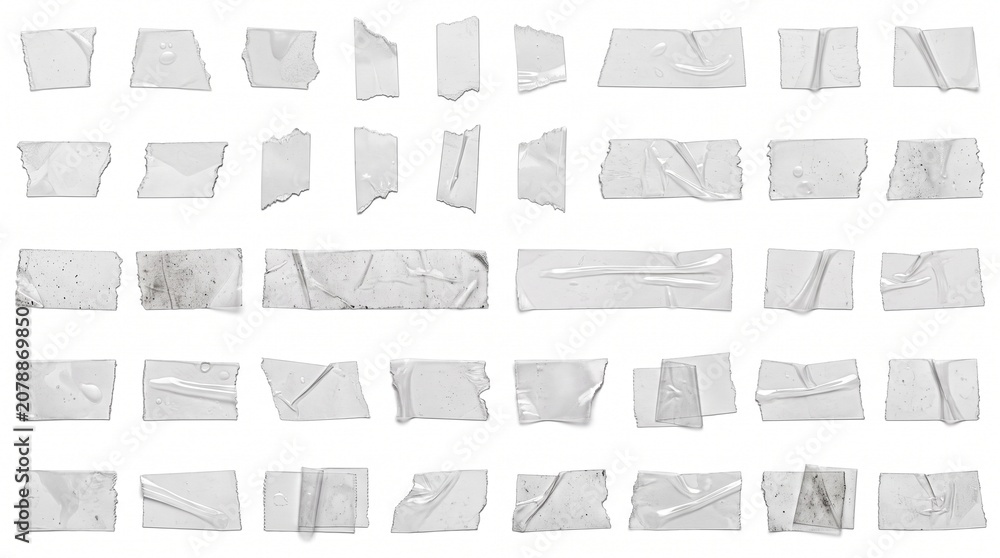 Fototapeta premium White adhesive tape strips, a collection of crumpled and torn sticky masking tape pieces. Realistic transparent duct tape elements for graphic design, a versatile set of isolated paper textures.