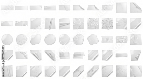 Blank white adhesive stickers, a versatile collection of paper labels and tags for branding and product packaging. Realistic crumpled and smooth sticker mockups