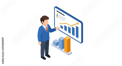 Businessman analyzing financial growth charts in isometric view