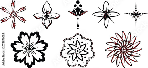 Heritage elements with various shapes of flower petals. Editable vector set