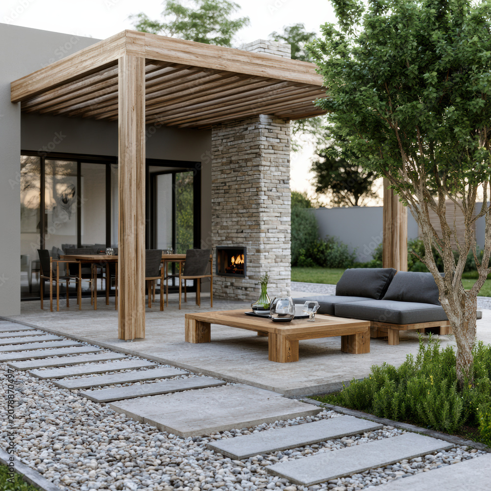Obraz premium Modern outdoor patio with wooden pergola, stone fireplace, minimalist furniture, and lush greenery creates cozy backyard retreat
