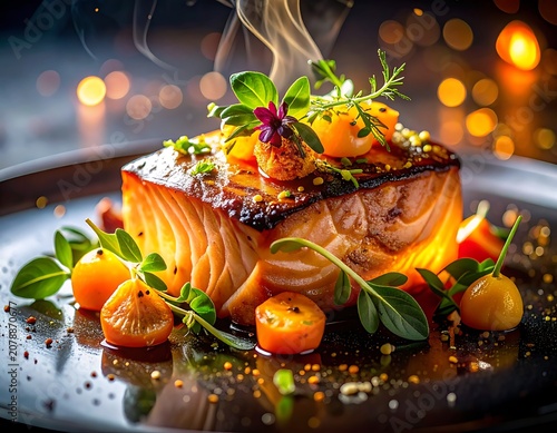 A mouthwatering dish of seared fish with herbs and vegetables on plate