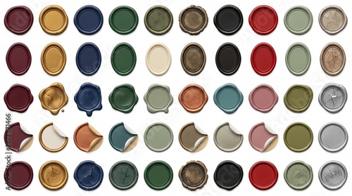 Elegant wax seal collection, a diverse set of 48 colorful wax seals for vintage design elements. Authentic antique wax stamps in various shapes and rich hues