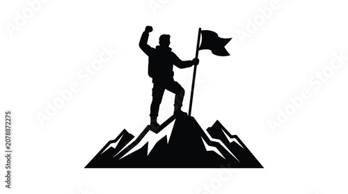 Photos Mountaineer Standing On Peak With Flag Black Silhouette