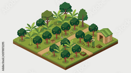 Cacao Intercropping Farm Isometric Illustration for Sustainable Agroforestry Agriculture Design