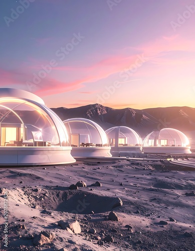 Futuristic domed habitats on barren landscape at sunset