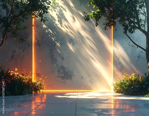 A serene outdoor scene with sunlight peeking through trees