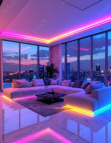 Modern living room with vibrant LED lights and cityscape view