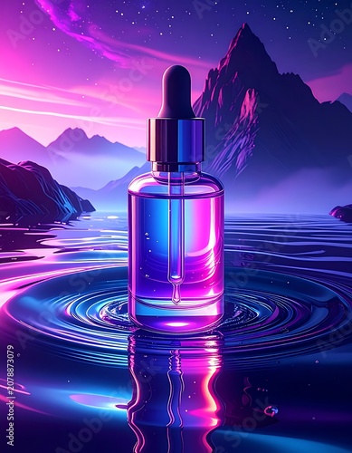 A surreal neon-lit glass dropper bottle floats on rippling water
