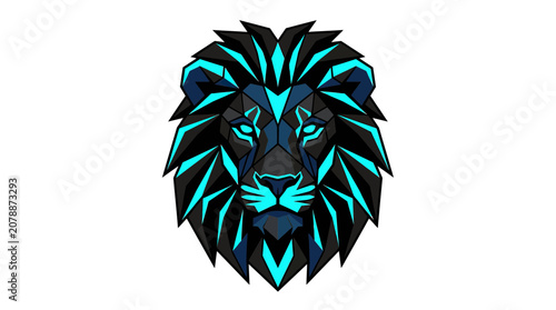 Photos Geometric Lion Head Logo - Modern Abstract Animal Art with Neon Blue Accents
