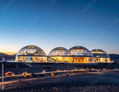 A serene landscape with illuminated domes
