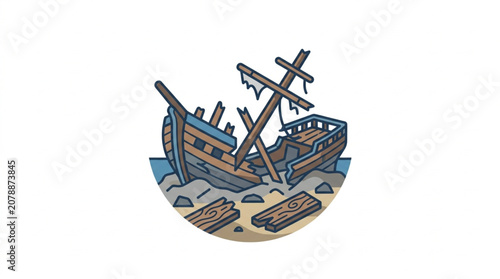 Photos Old wooden shipwreck on a sandy beach illustration.