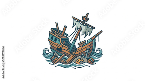 Foto Old wooden shipwreck in rough seas illustration.