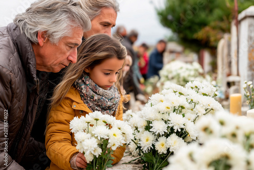 Family visiting cemetery on Día de Todos los Santos,