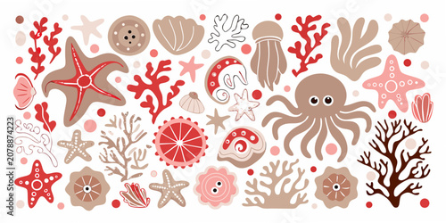 Foto Marine Life Illustration With Starfish Octopus And Coral
