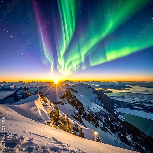 Vibrant aurora borealis dancing above snow-capped mountains at sunrise