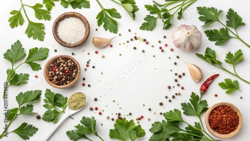 Fresh herbs and spices on a white background arranged for cooking in the kitchen
