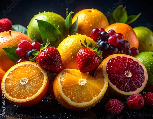 A vibrant arrangement of fresh cut and whole fruits on a dark surface (1)