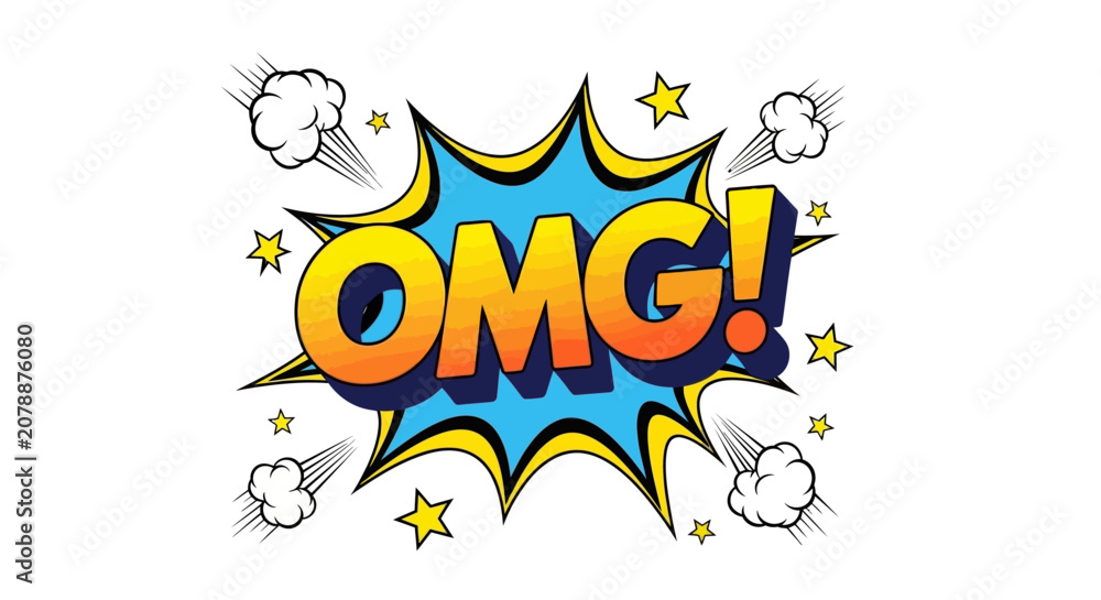 Fototapeta premium Comic book OMG speech bubble vector, retro pop art explosion with stars and clouds, vibrant yellow and blue cartoon sound effect illustration