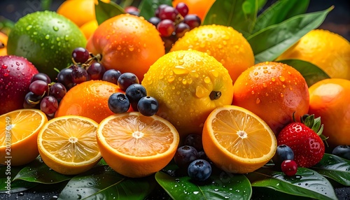 A vibrant arrangement of fresh fruits on green leaves