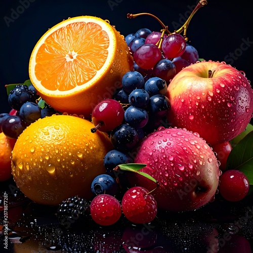 A vibrant still life of assorted fresh fruits with water droplets (6)