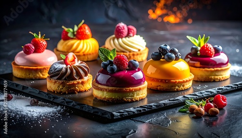 Assorted mini cakes with berries on a black tray