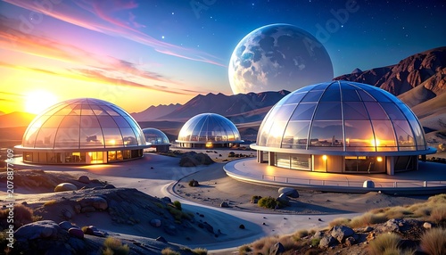 Futuristic desert habitat with domes and large moon