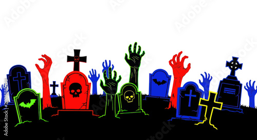 Foto Zombie hands rising from graveyard tombstones in colorful style