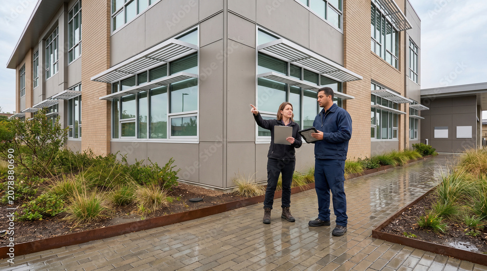 Fototapeta premium Facility Staff Assessing Shaded Facade And Drainage At Green Workplace
