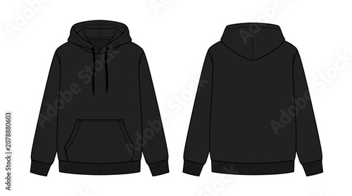 Front and back view of a black hoodie on a white background
