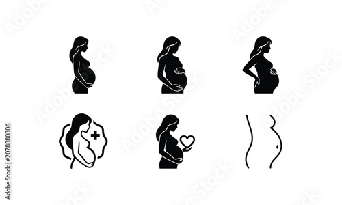 Pregnancy silhouette icons set showing expectant mother profile.