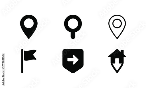 Set of six location pins and markers for map navigation.