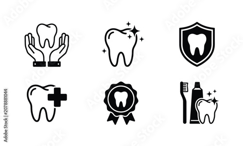 Set of six dental care icons for clinic services promotion.