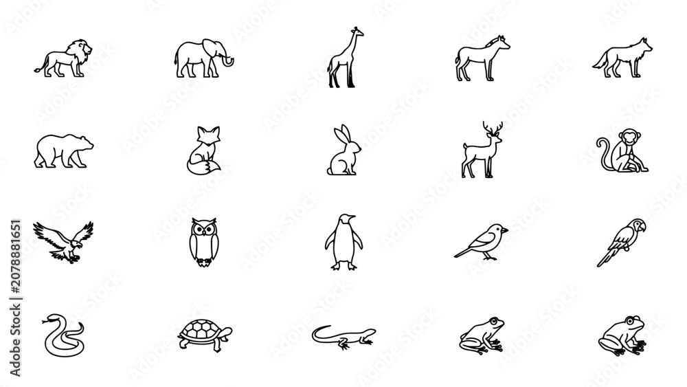 Fototapeta premium Animals Arranged in a Grid Pattern with Various Species Including Lions, Elephants, Giraffes, Horses, Bears, Foxes, Rabbits, Deer