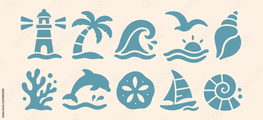 Fototapeta premium Minimal Ocean and Marine Life Icon Set