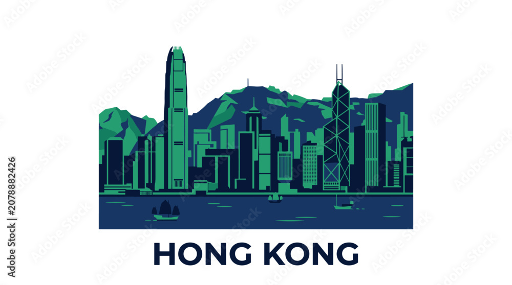 Fototapeta premium Hong Kong Skyline Flat Vector Illustration, Minimalist Blue Green Urban Cityscape on White