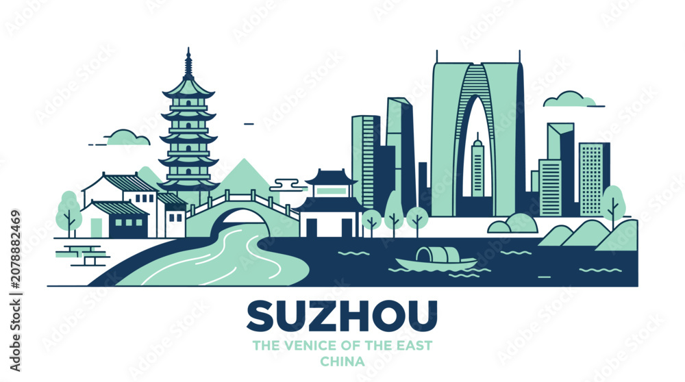 Obraz premium Suzhou City Skyline Illustration - Traditional Pagoda, Modern Architecture and Canal Landscape China