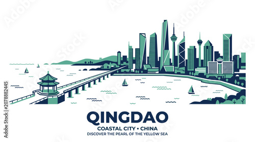 Qingdao Skyline Flat Vector Illustration, Modern Coastal China Cityscape Landmark Icon Design