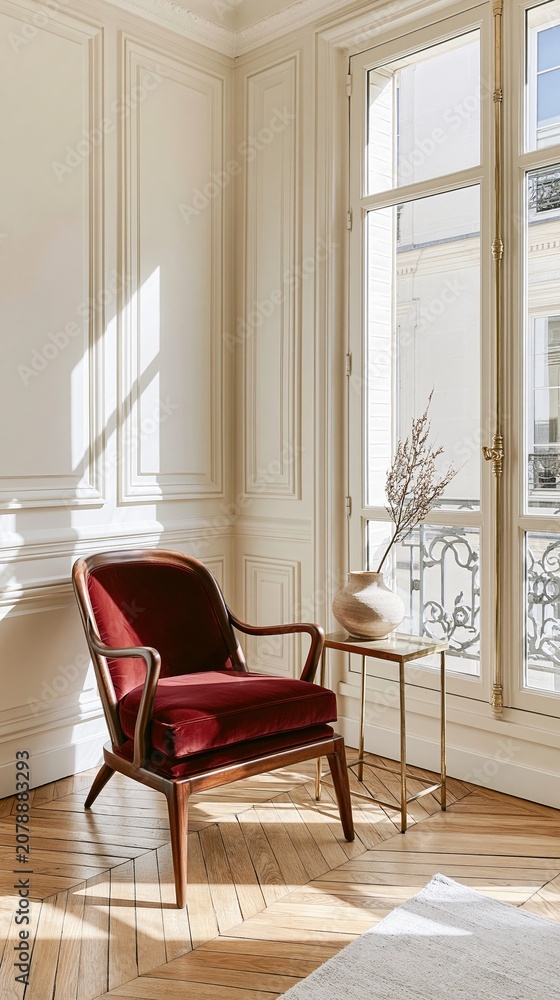 Fototapeta premium Elegant Parisian apartment living room featuring a red velvet armchair, wooden flooring, and large windows with natural light streaming in