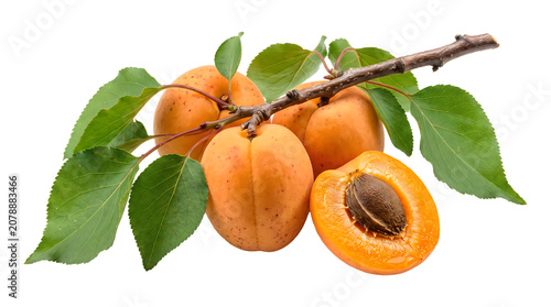 Fresh ripe apricots with green leaves on a branch, including whole fruits and one halved apricot showing the stone, isolated on a white background, for food projects