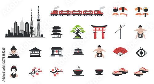 Принти на полотні Japanese landmarks and cultural symbols icon collection