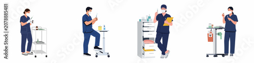 Collection of flat vector medical professional characters in blue scrubs preparing vaccinations with syringes and medicine vials in a clinical setting.
