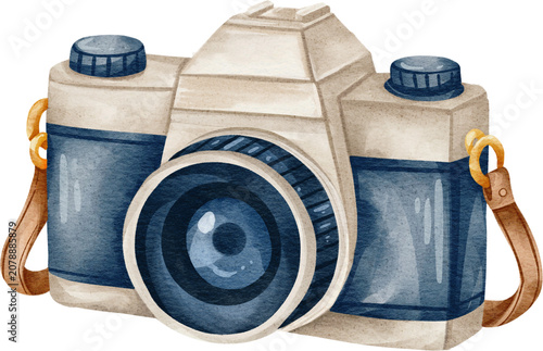 Watercolor vintage camera hand painted clipart illustration