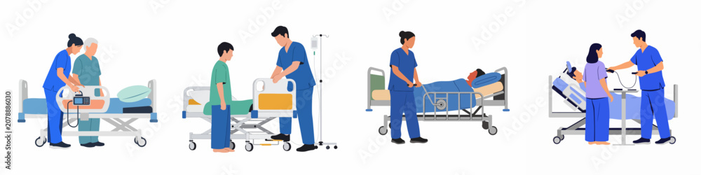 Fototapeta premium Set of flat vector illustrations depicting medical nurses providing professional care and assistance to diverse patients in a hospital setting